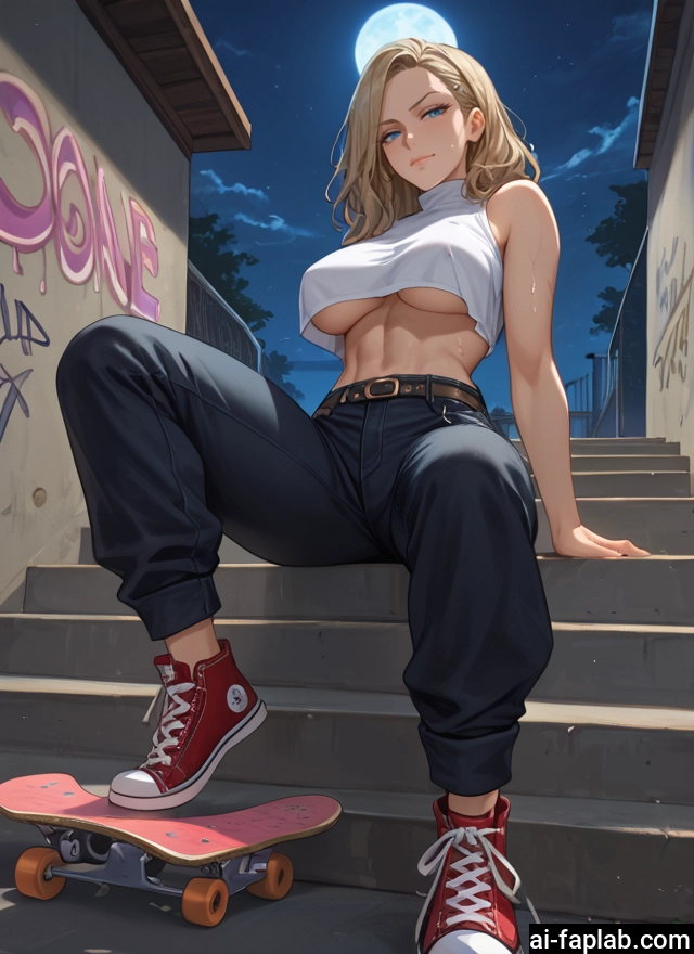 1girl, breasts, blue eyes, underboob, skateboard, pants · Yamete.gg