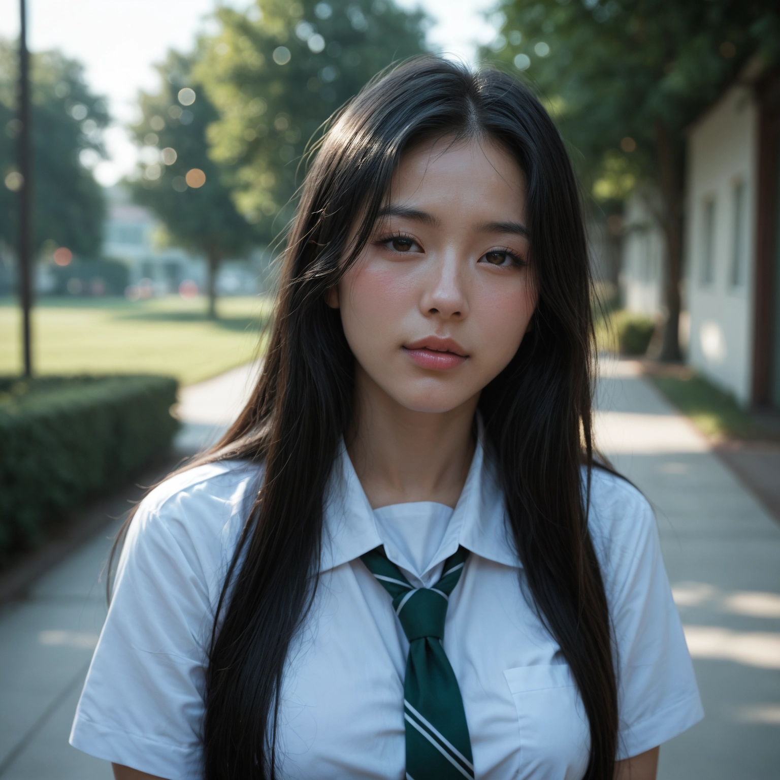 1girl, solo, long hair, necktie, outdoors, looking at viewer · Yamete.gg