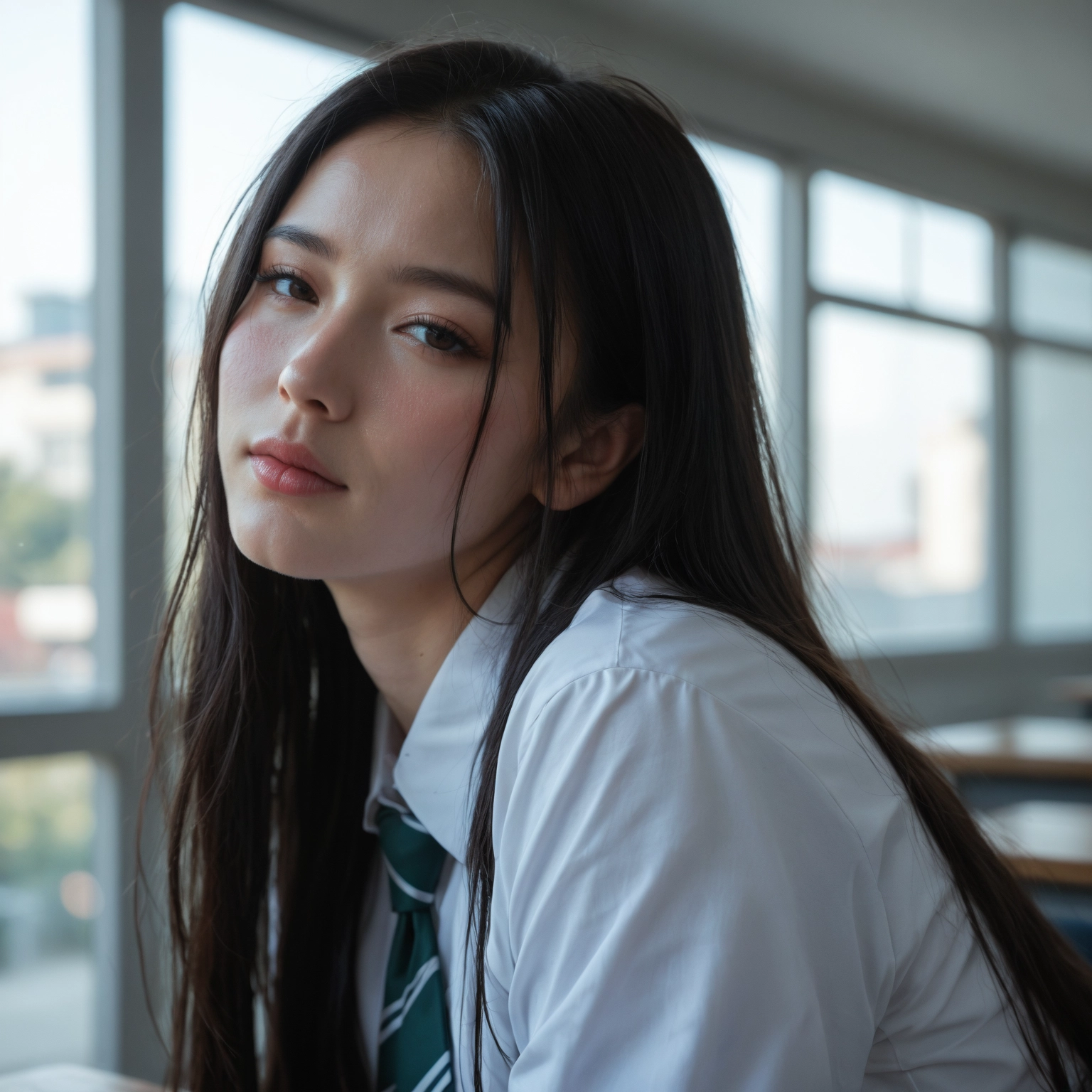 1girl, solo, long hair, realistic, shirt, looking at viewer · Yamete.gg
