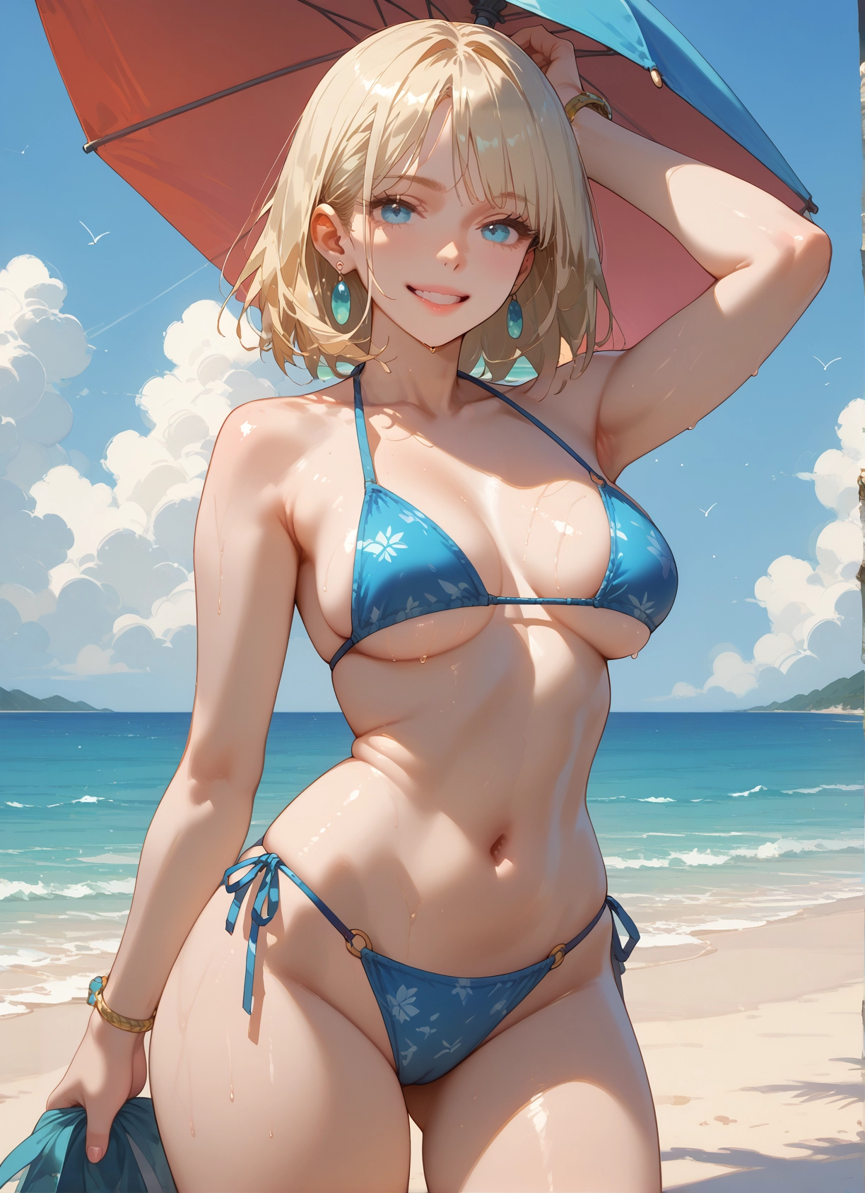 1girl, swimsuit, breasts, bikini, jewelry, smile · Yamete.gg