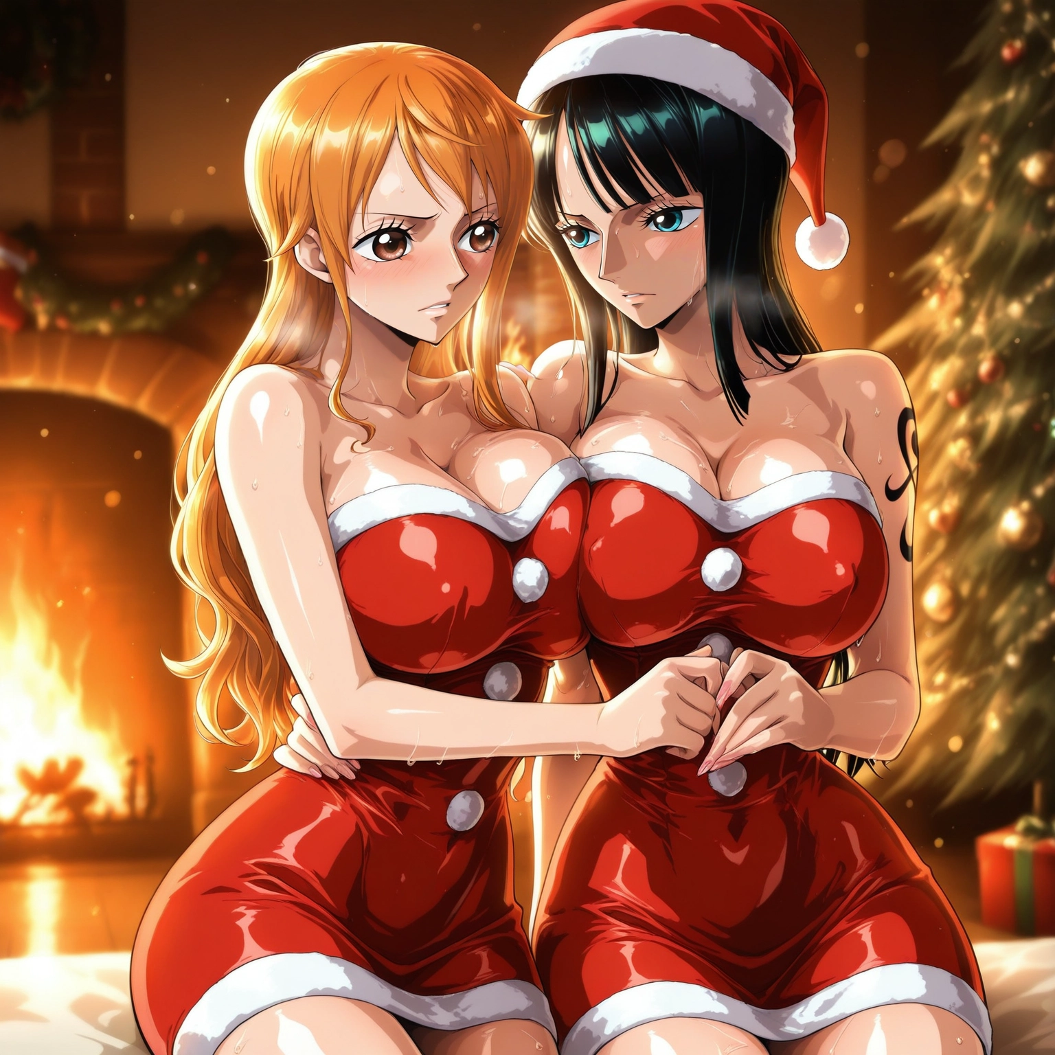 multiple girls, breasts, 2girls, hat, tattoo, santa hat · Yamete.gg