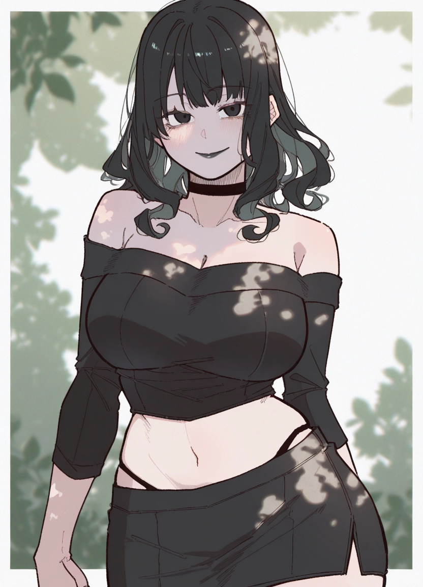 1girl, breasts, skirt, navel, choker, solo · Yamete.gg