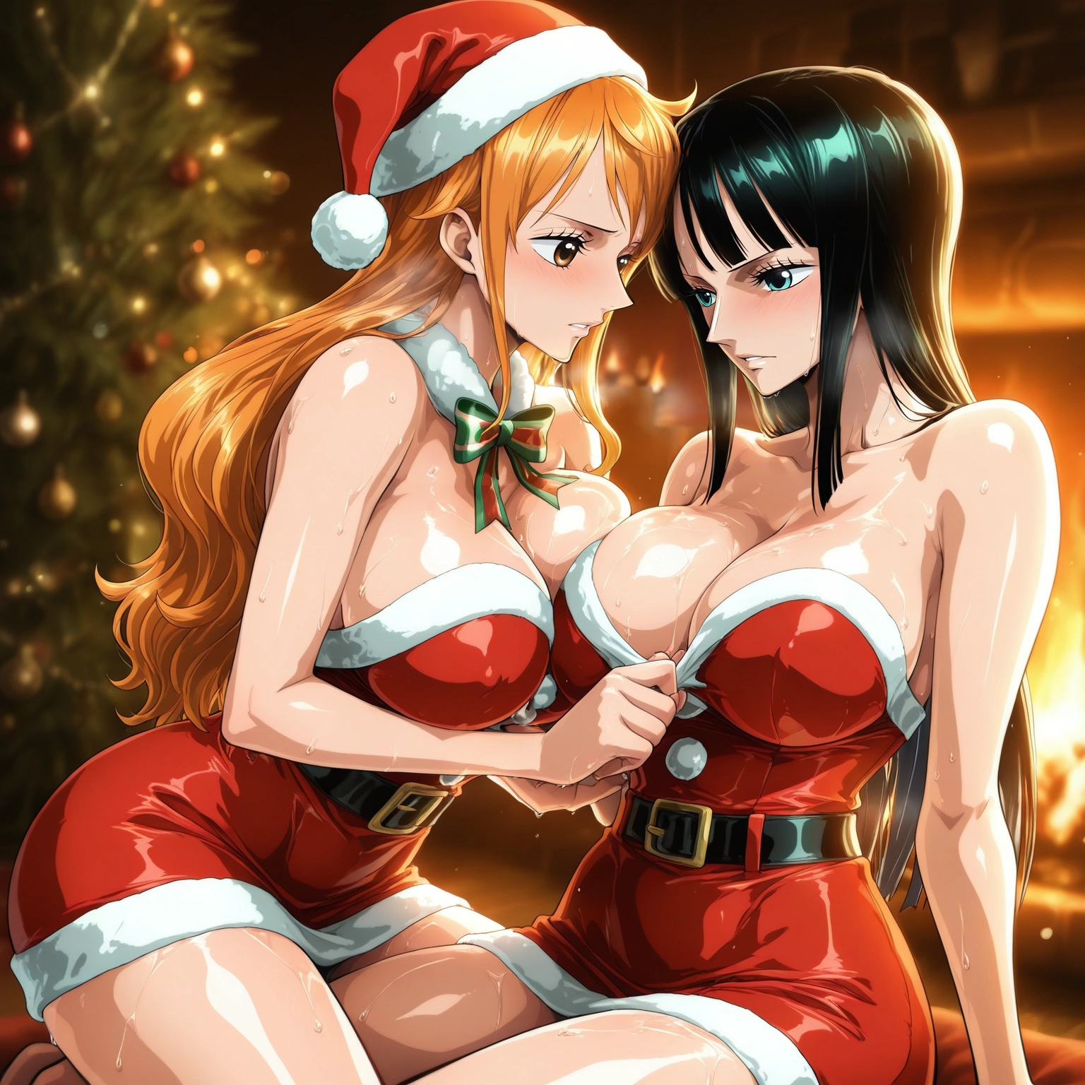 breasts, multiple girls, 2girls, hat, santa hat, long hair · Yamete.gg