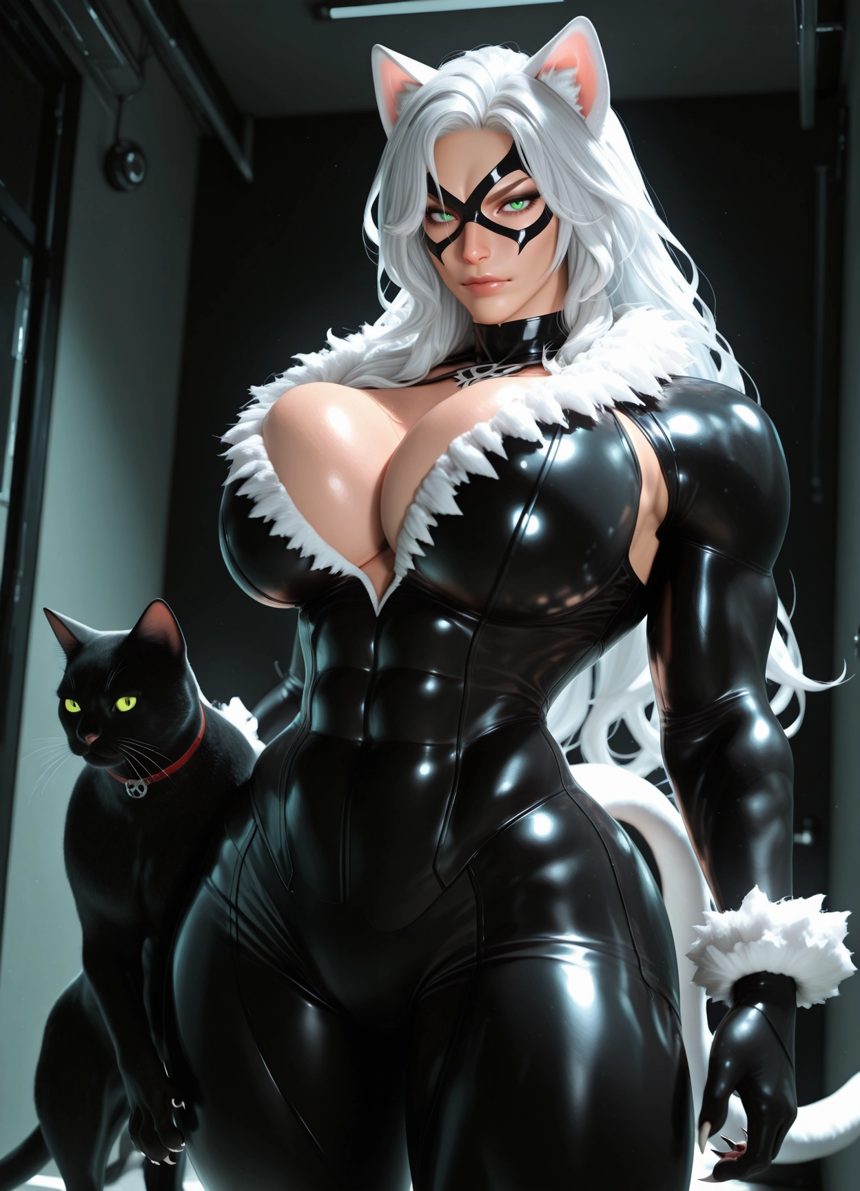 1girl, breasts, cat, animal ears, cat ears, white hair · Yamete.gg