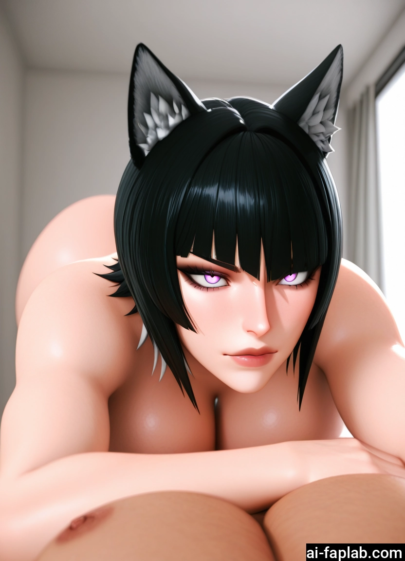 animal ears, 1girl, breasts, black hair, nude, short hair