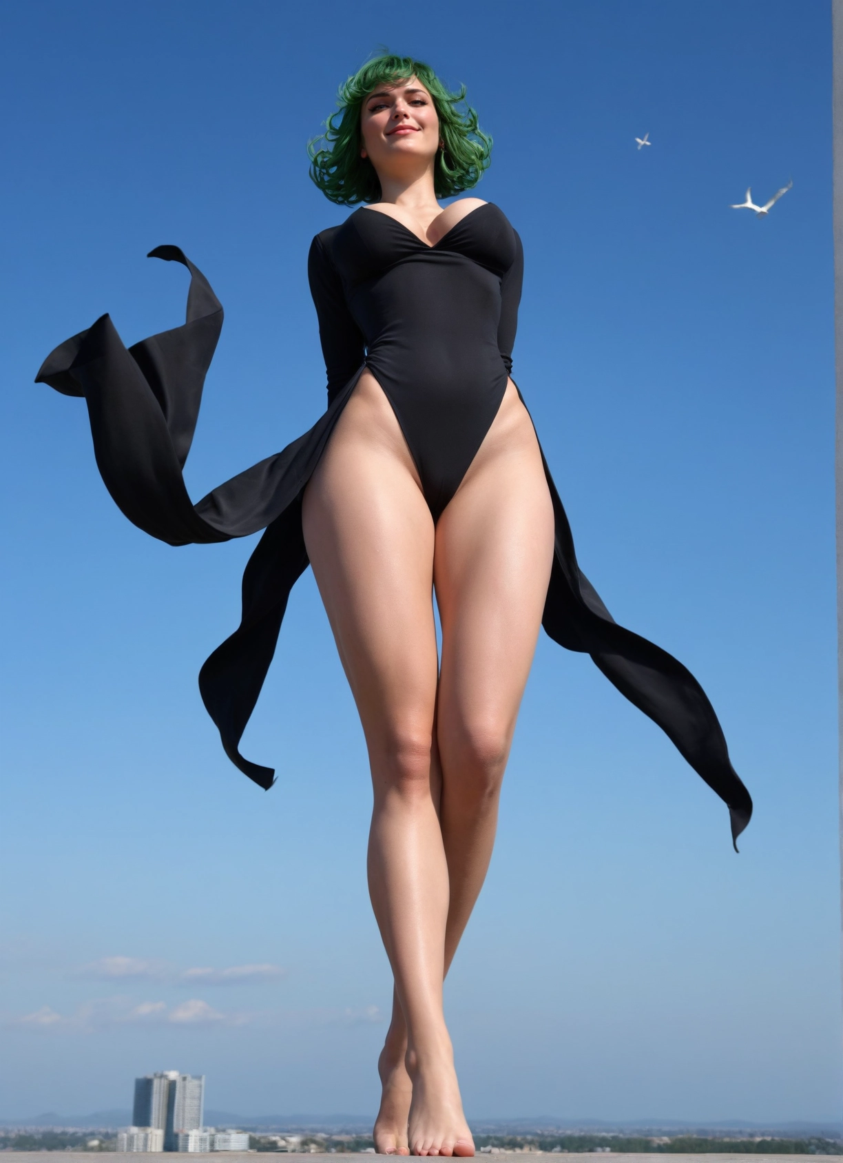 1girl, barefoot, dress, green eyes, breasts, green hair · Yamete.gg