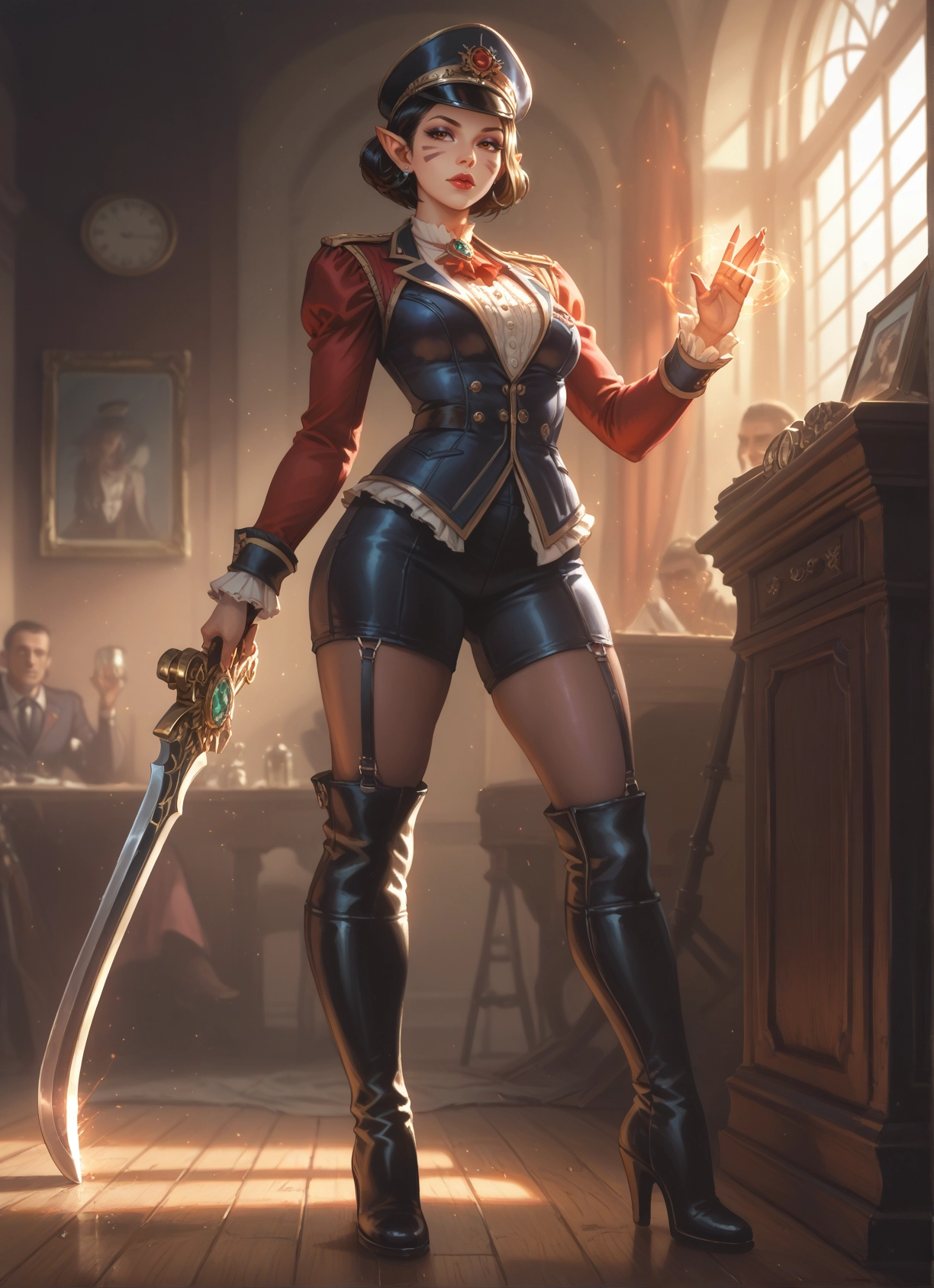 weapon, 1girl, sword, pointy ears, boots, hat · Yamete.gg