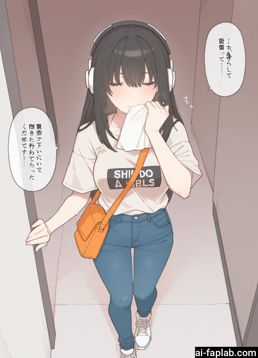 1girl, black hair, pants, closed eyes, headphones, long hair