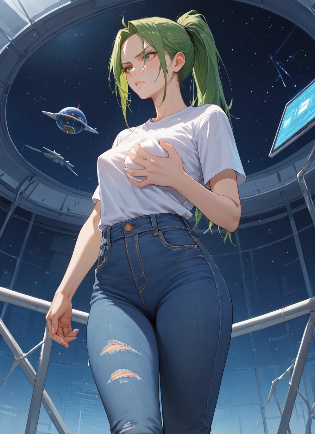 1girl, pants, shirt, breasts, denim, green hair · Yamete.gg