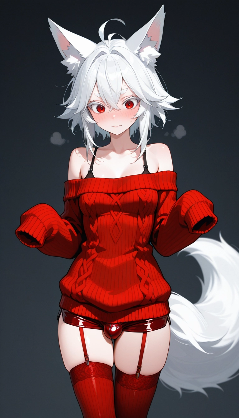 red thighhighs, solo, red eyes, thighhighs, animal ears, white hair · Yamete.gg
