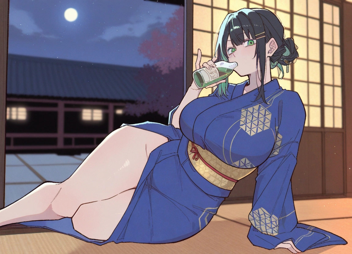 1girl, japanese clothes, breasts, kimono, green eyes, moon · Yamete.gg
