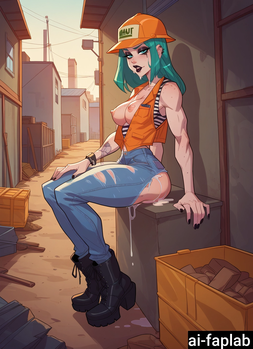 1girl, breasts, nipples, solo, hat, pants