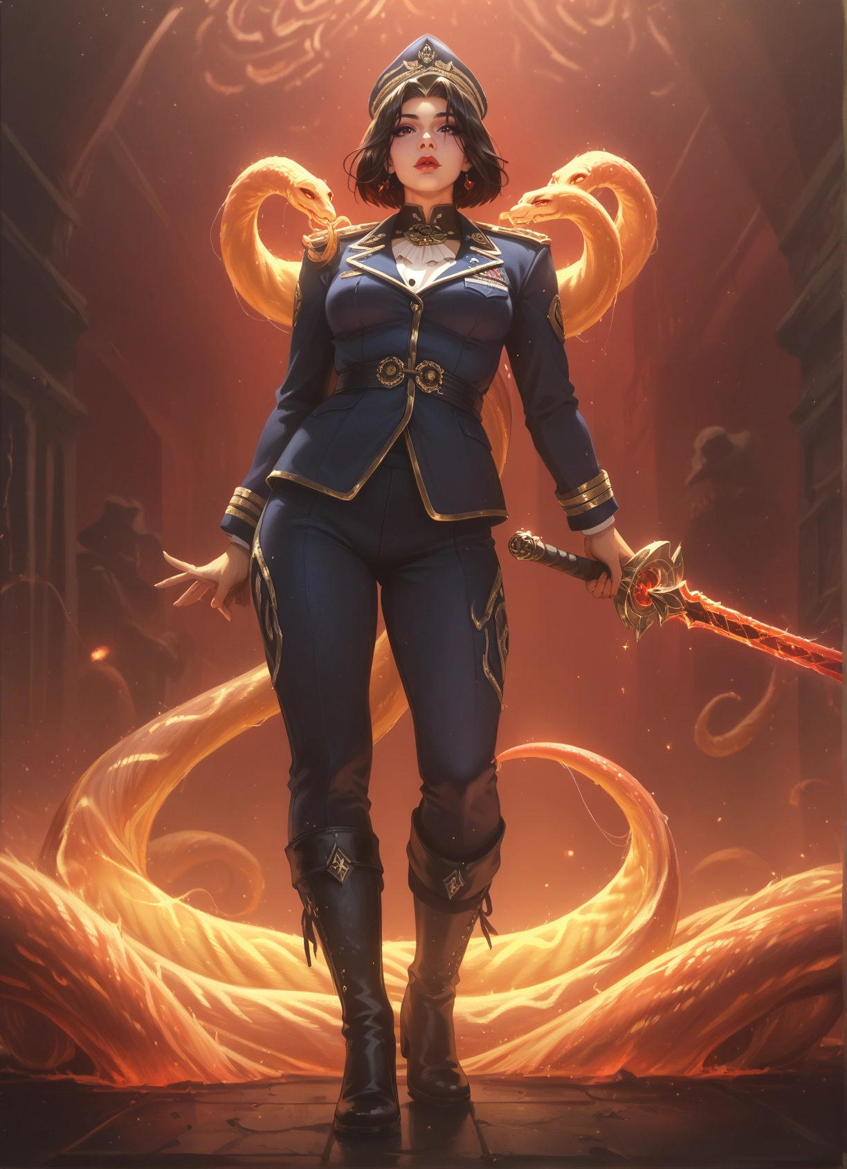 1girl, weapon, sword, boots, uniform, hat · Yamete.gg