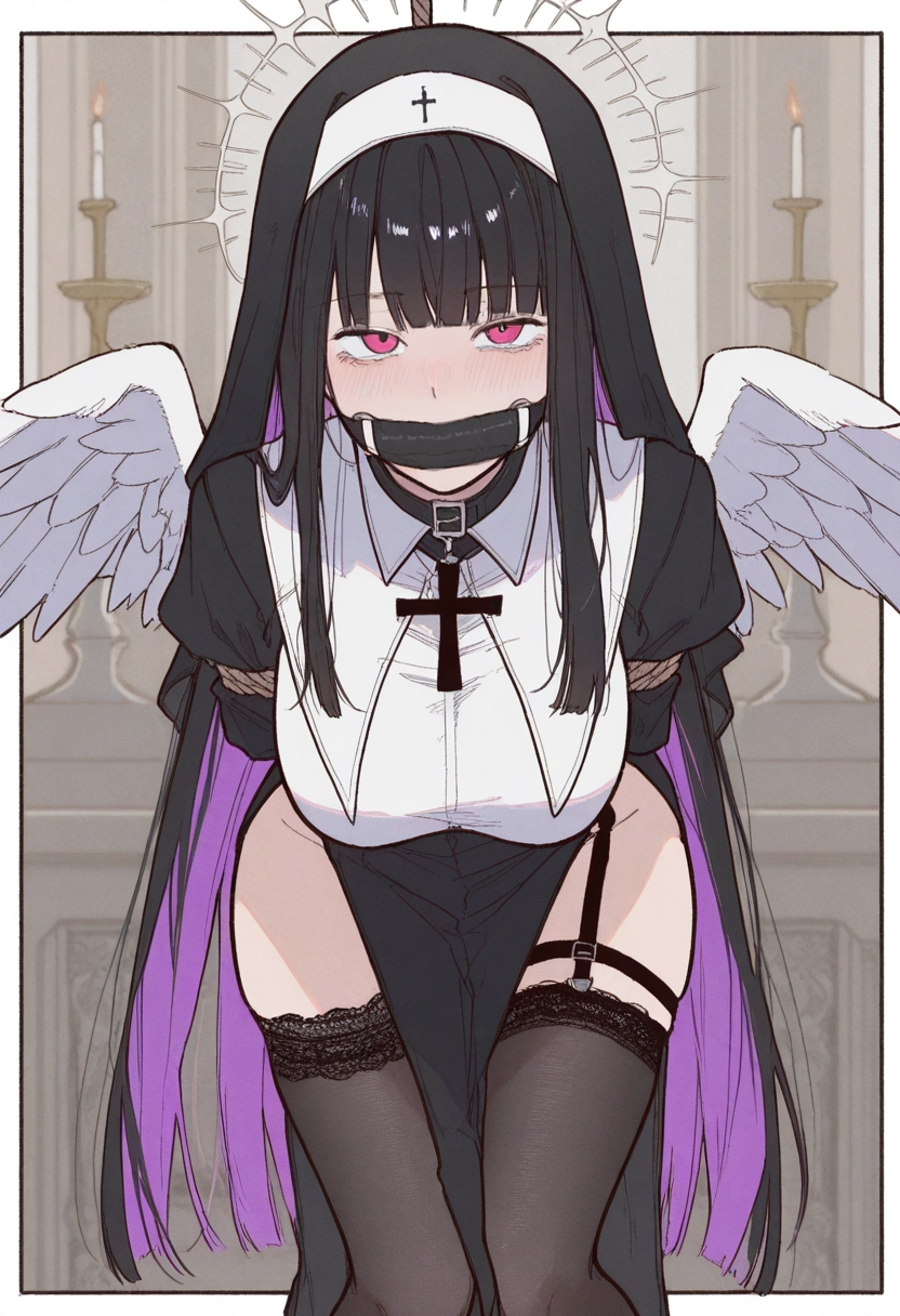 1girl, thighhighs, bit gag, candle, solo, black hair