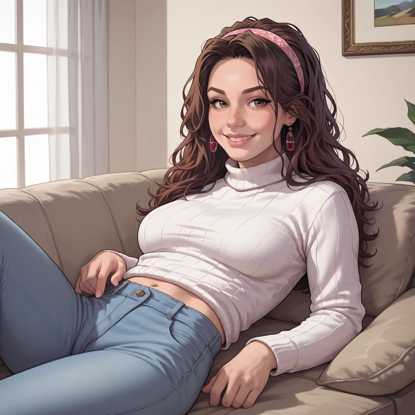 1girl, jewelry, earrings, brown hair, pants, solo · Yamete.gg