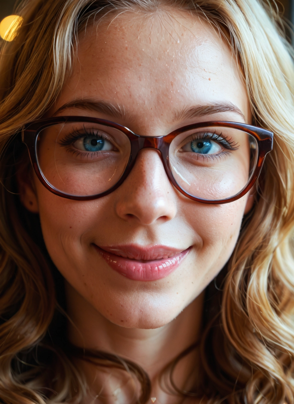 1girl, solo, glasses, blonde hair, blue eyes, smile · Yamete.gg