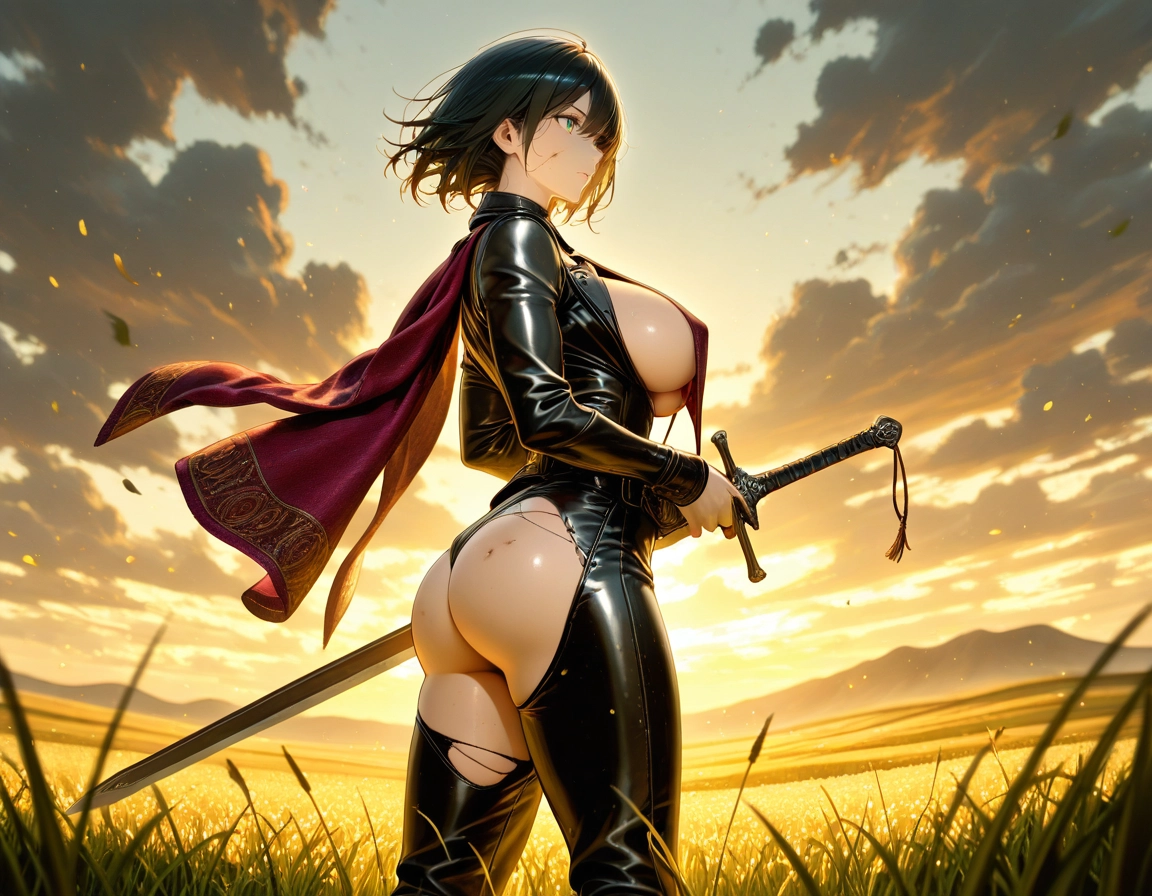 1girl, breasts, weapon, sword, solo, ass