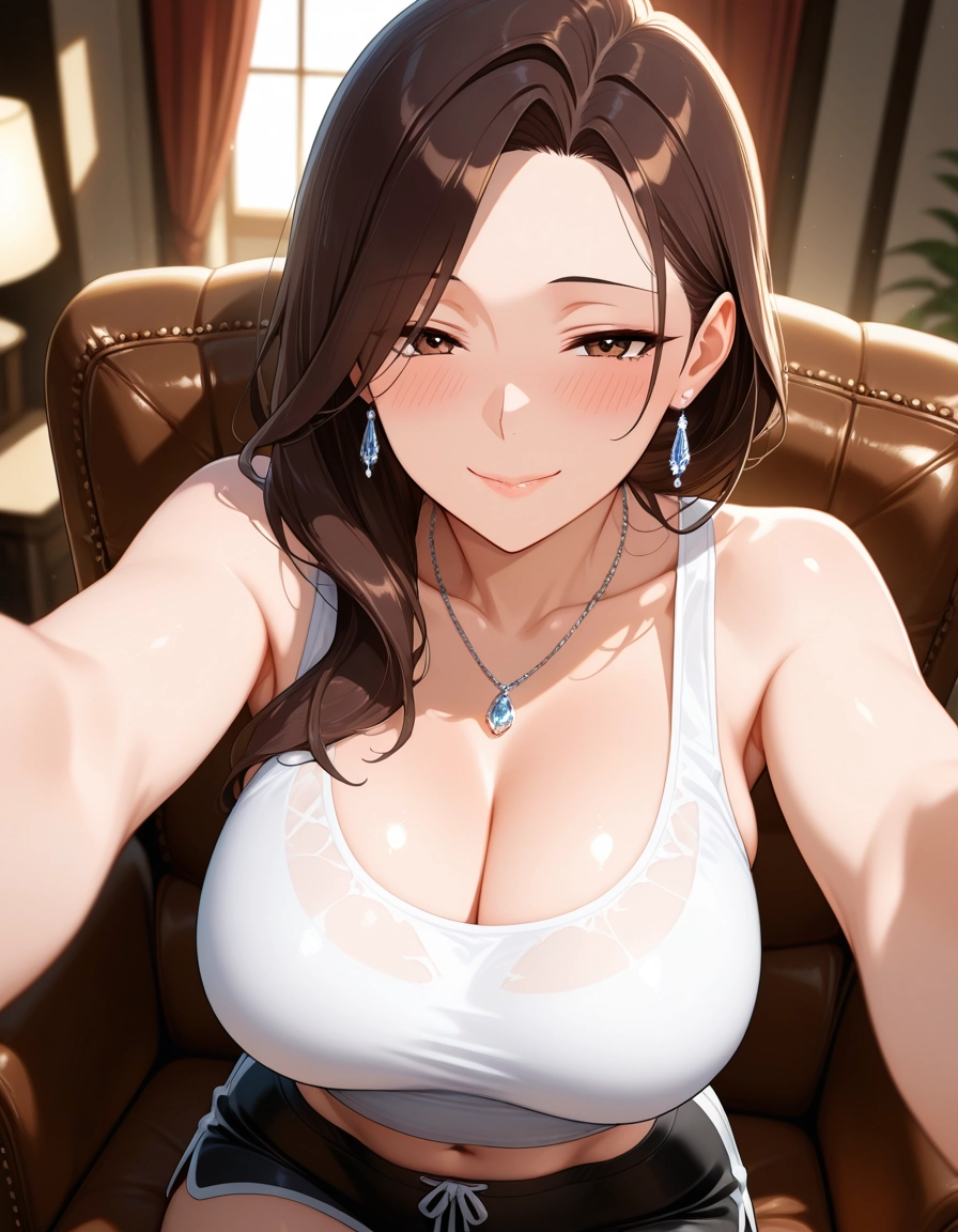 1girl, breasts, jewelry, brown hair, cleavage, necklace · Yamete.gg