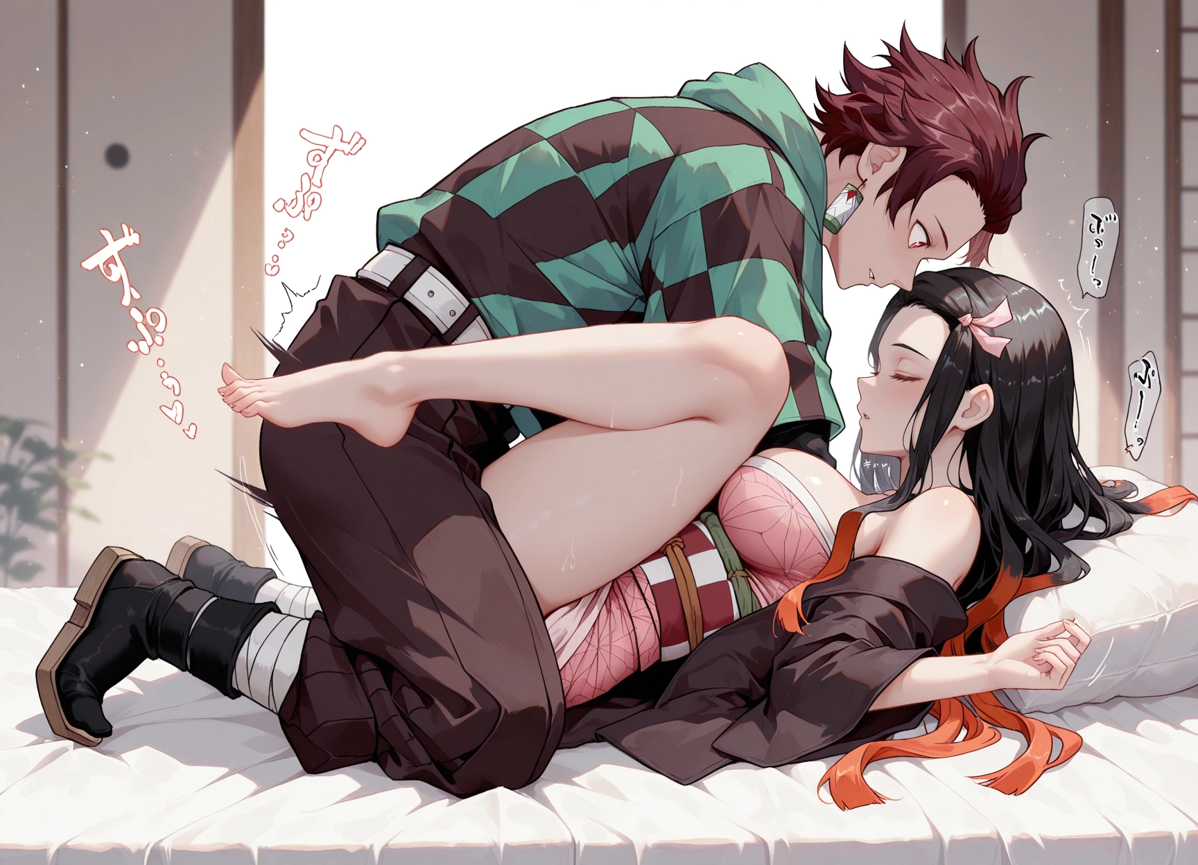 1girl, kamado tanjirou, breasts, 1boy, ribbon, long hair · Yamete.gg