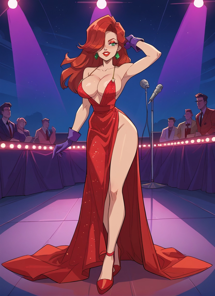 breasts, dress, 1girl, gloves, microphone, large breasts · Yamete.gg