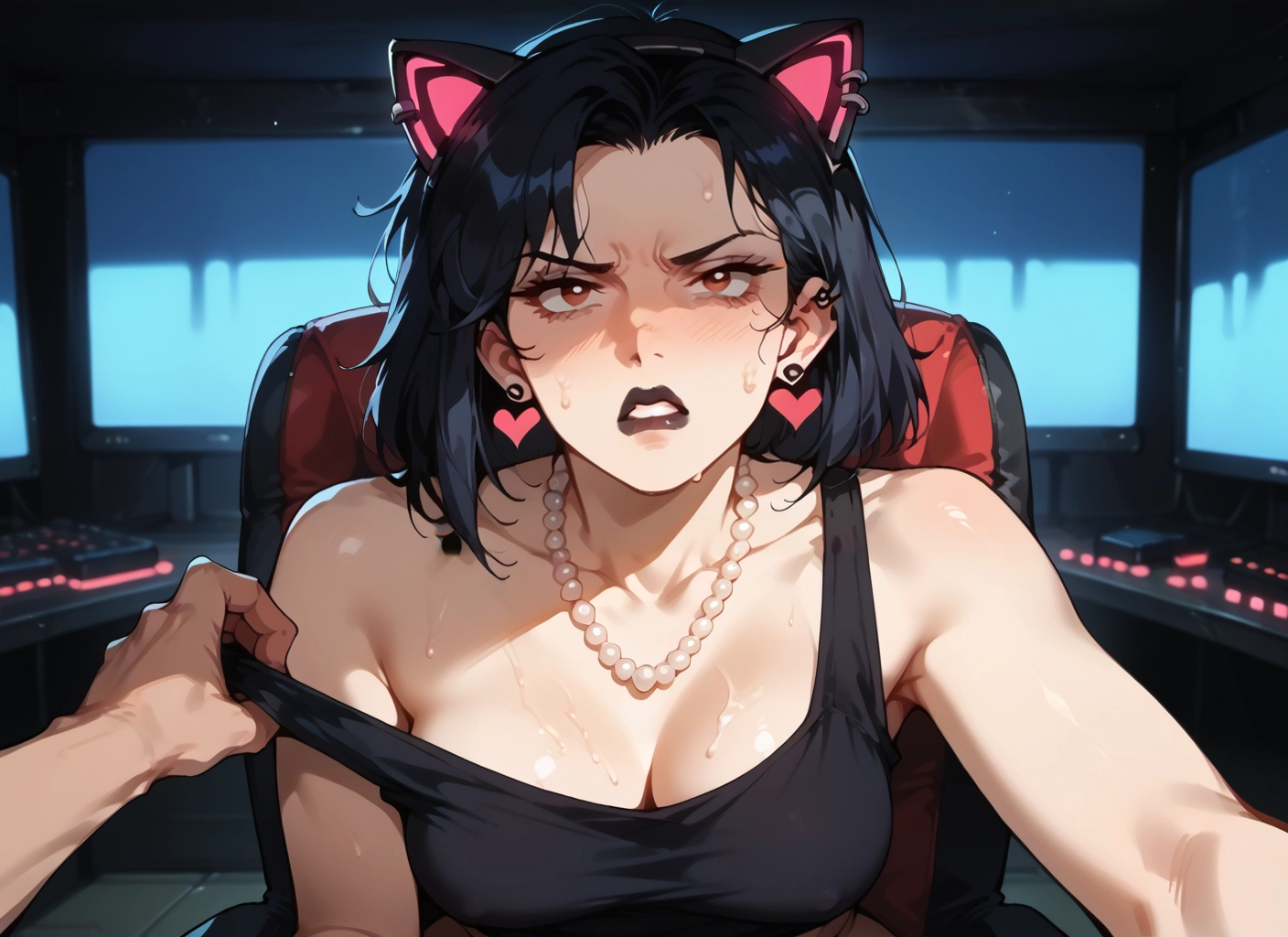 1girl, breasts, animal ears, jewelry, black hair, necklace