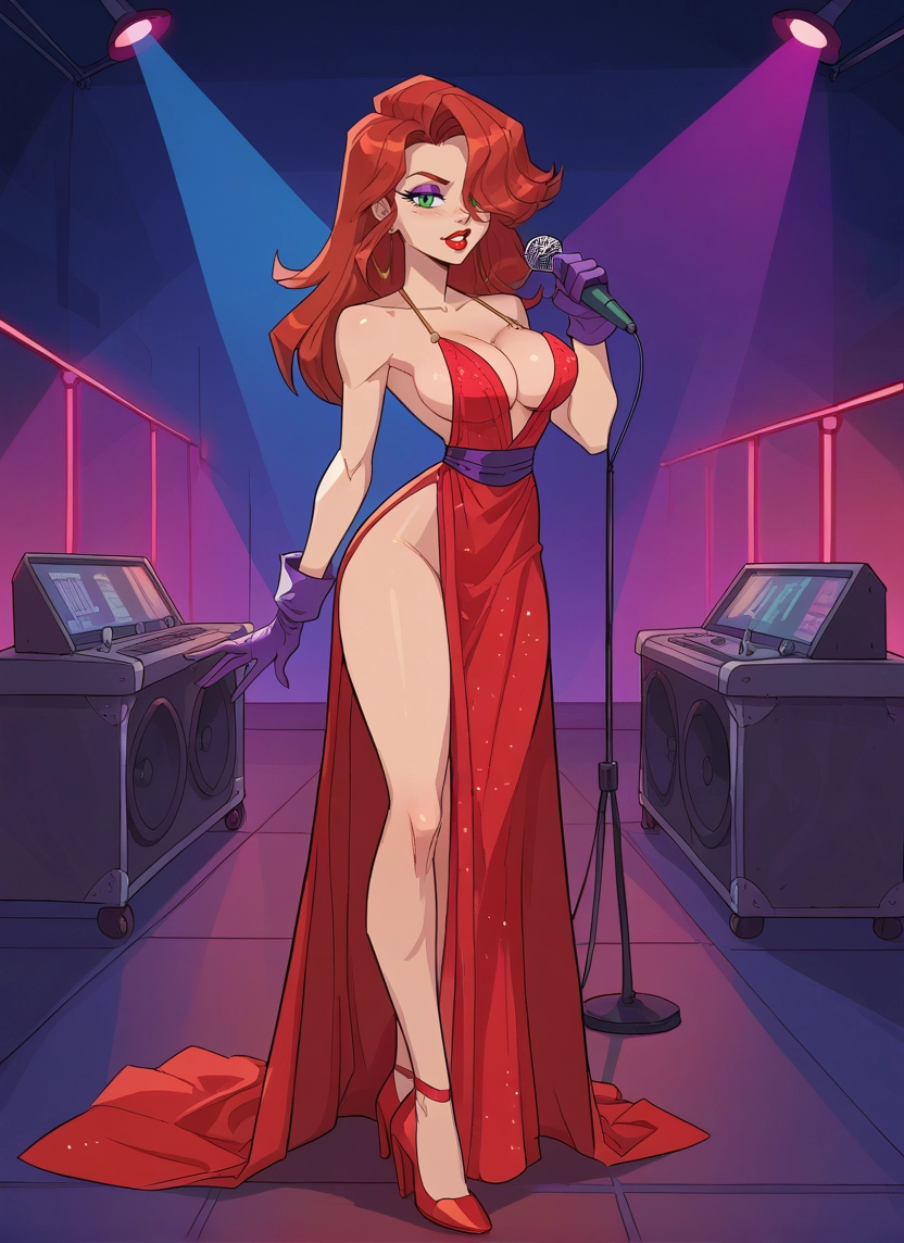 1girl, breasts, dress, gloves, microphone, green eyes · Yamete.gg