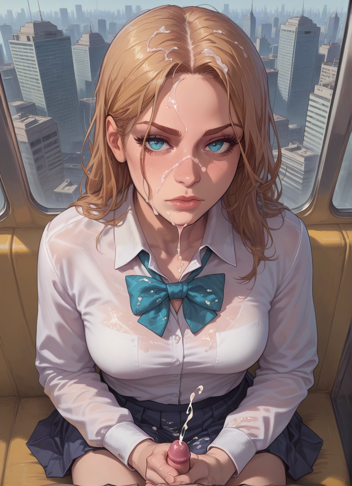 1girl, cum, penis, shirt, bow, looking at viewer