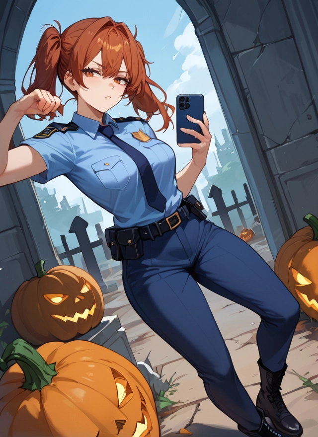 1girl, phone, twintails, necktie, police, police uniform · Yamete.gg
