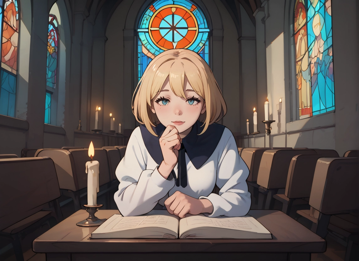 1girl, blue eyes, book, solo, candle, stained glass · Yamete.gg