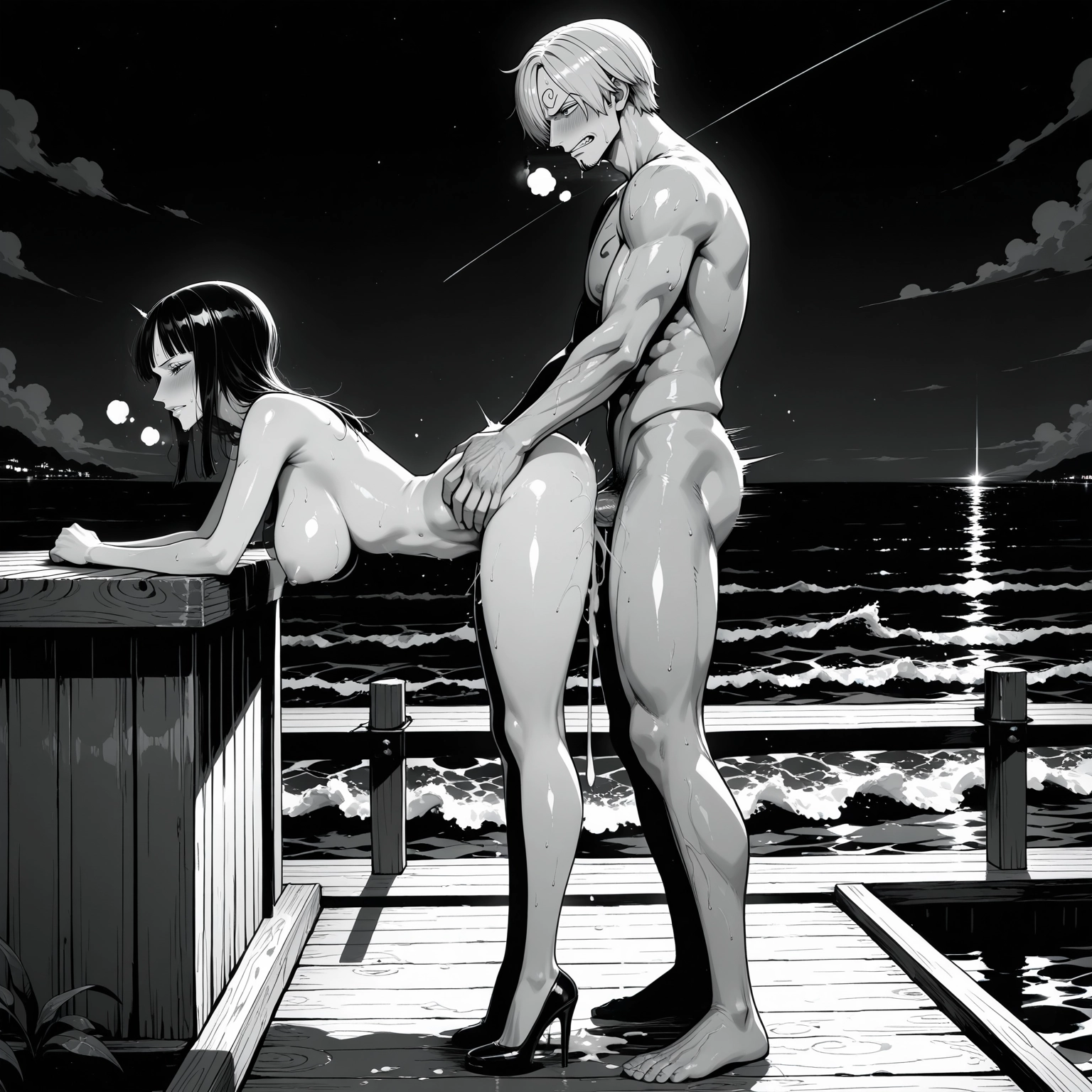 1girl, 1boy, breasts, hetero, greyscale, monochrome · Yamete.gg