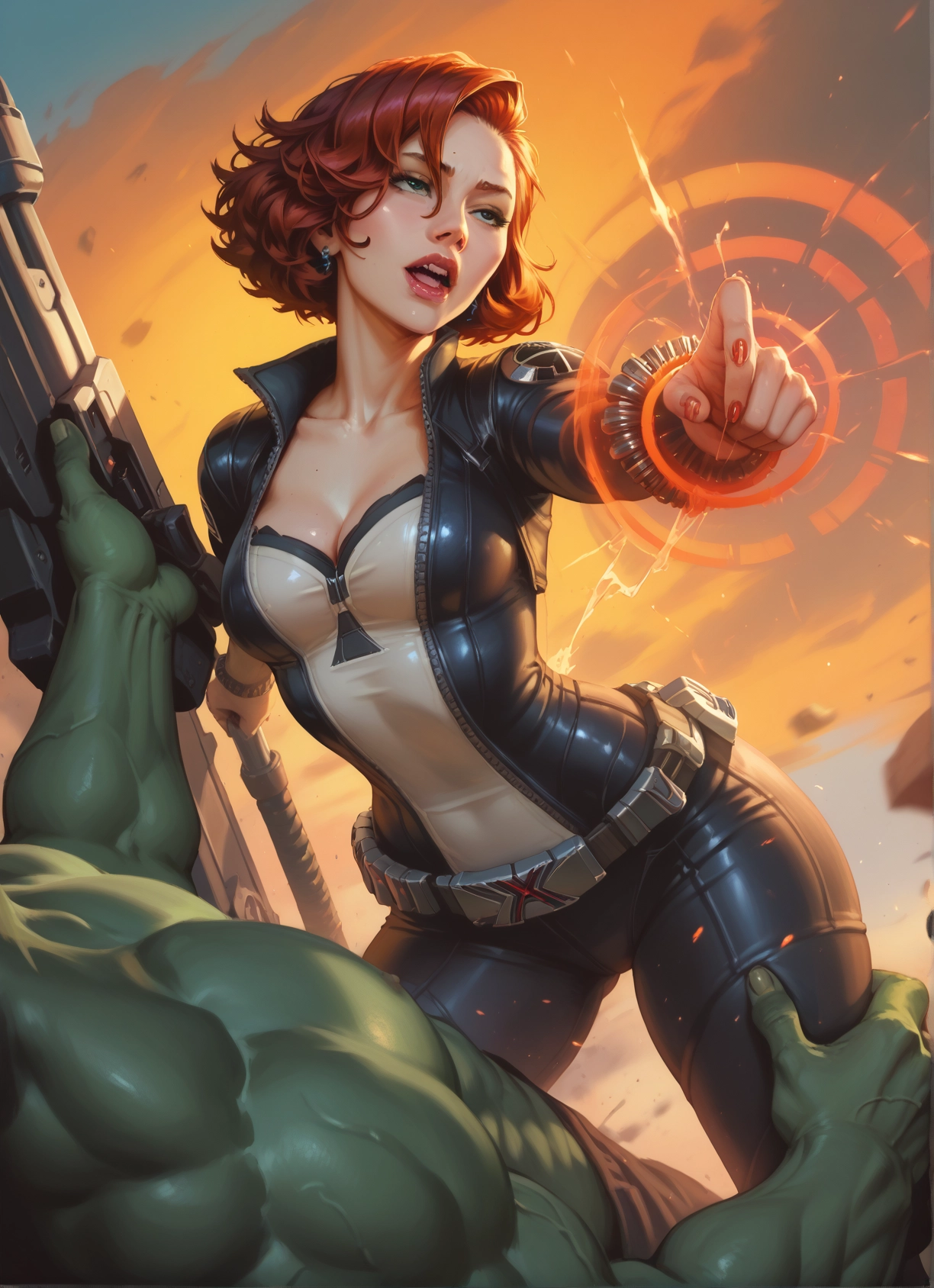 1girl, weapon, breasts, gun, 1boy, jewelry · Yamete.gg