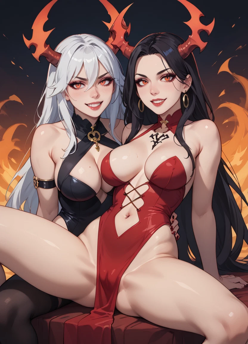 breasts, multiple girls, 2girls, horns, long hair, black hair · Yamete.gg