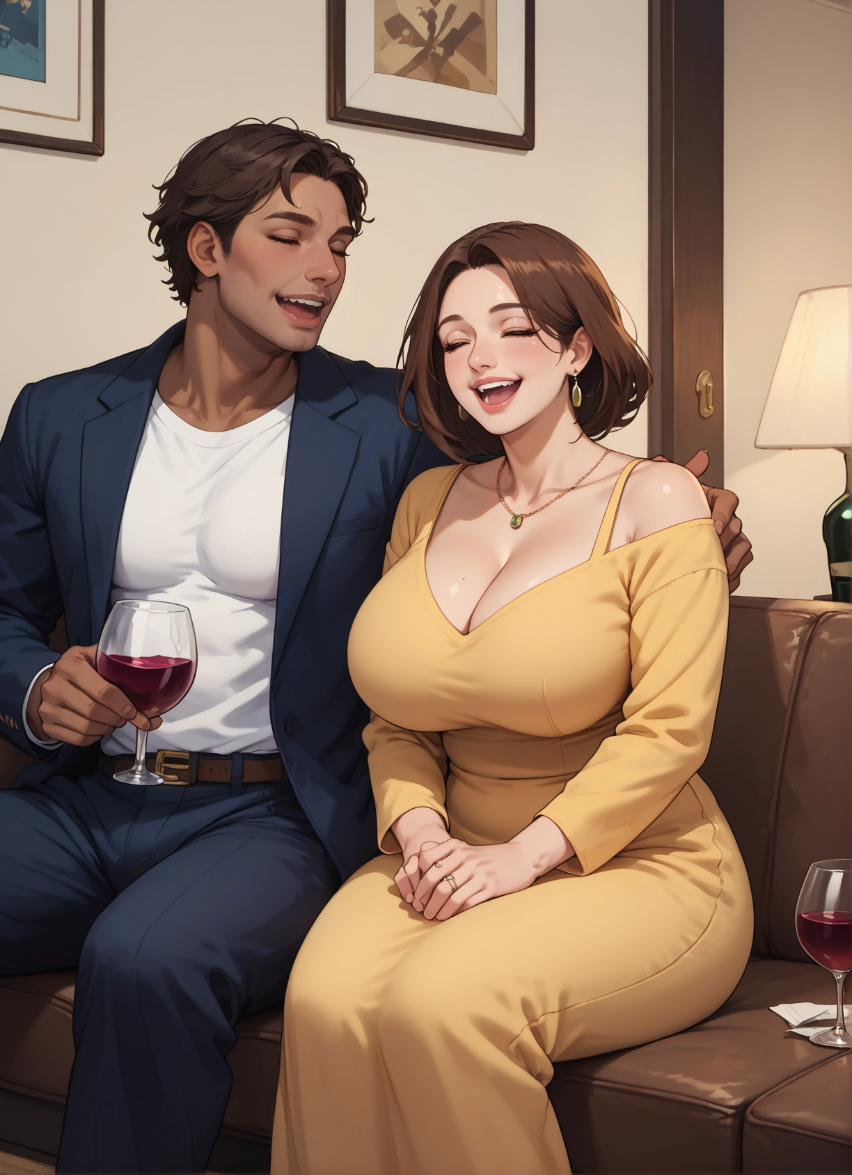 1girl, breasts, 1boy, jewelry, brown hair, cup · Yamete.gg