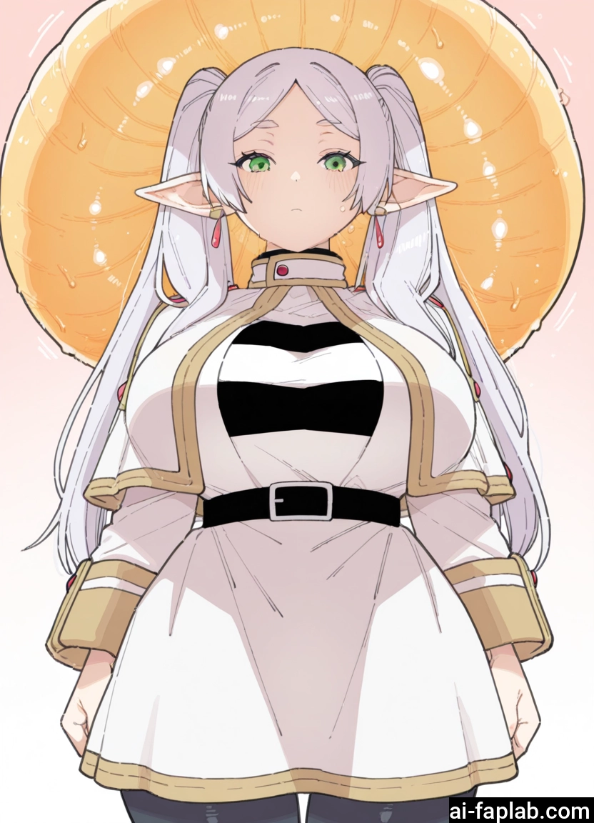1girl, pointy ears, green eyes, breasts, solo, twintails