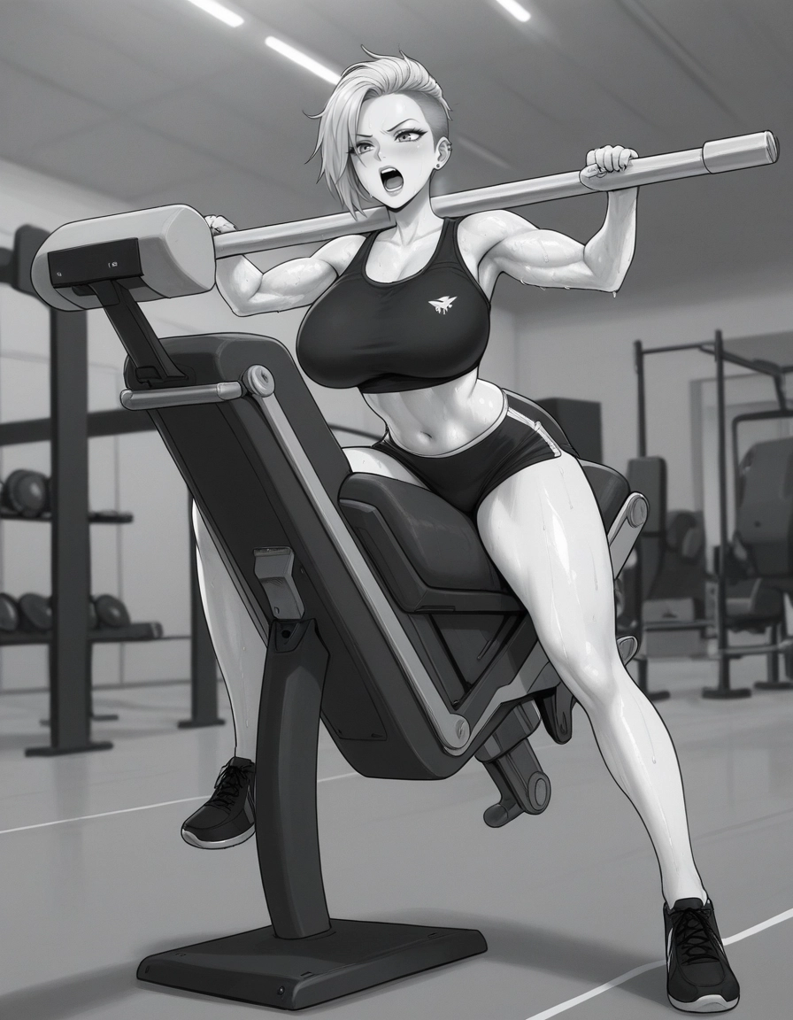 1girl, breasts, monochrome, greyscale, gym, open mouth · Yamete.gg