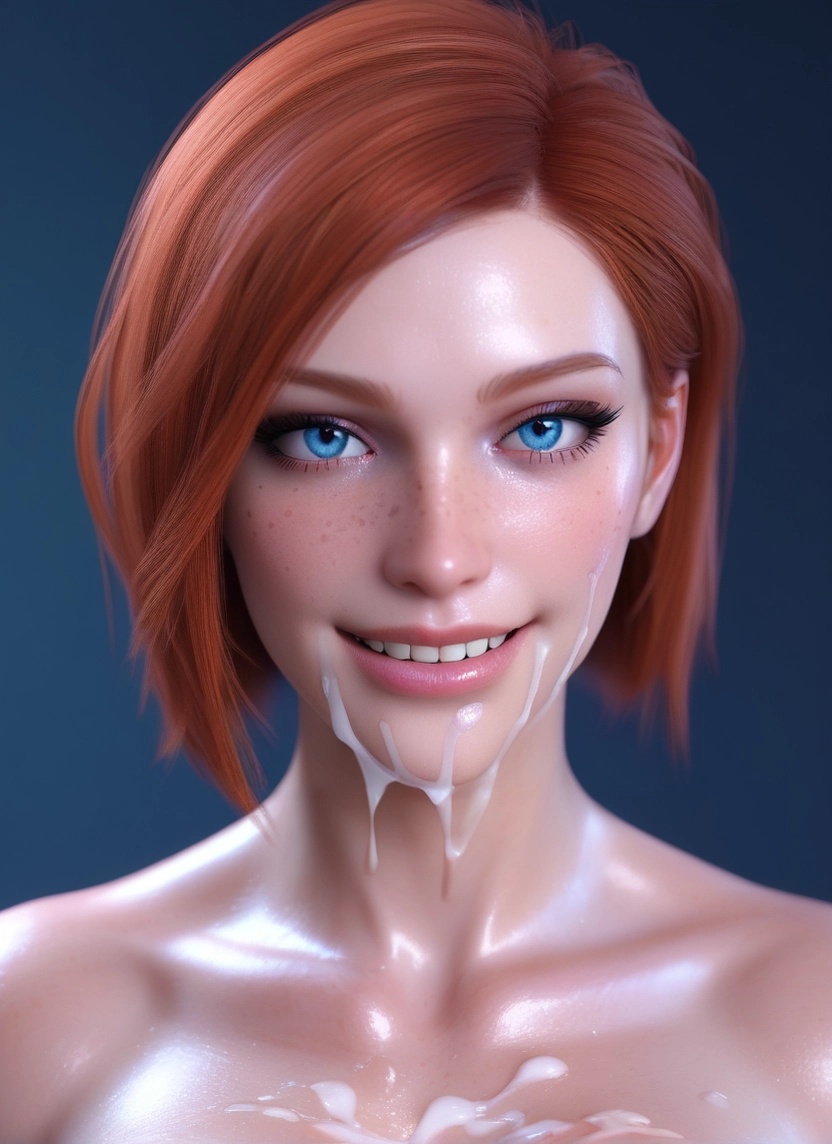 1girl, solo, blue eyes, cum, freckles, short hair · Yamete.gg
