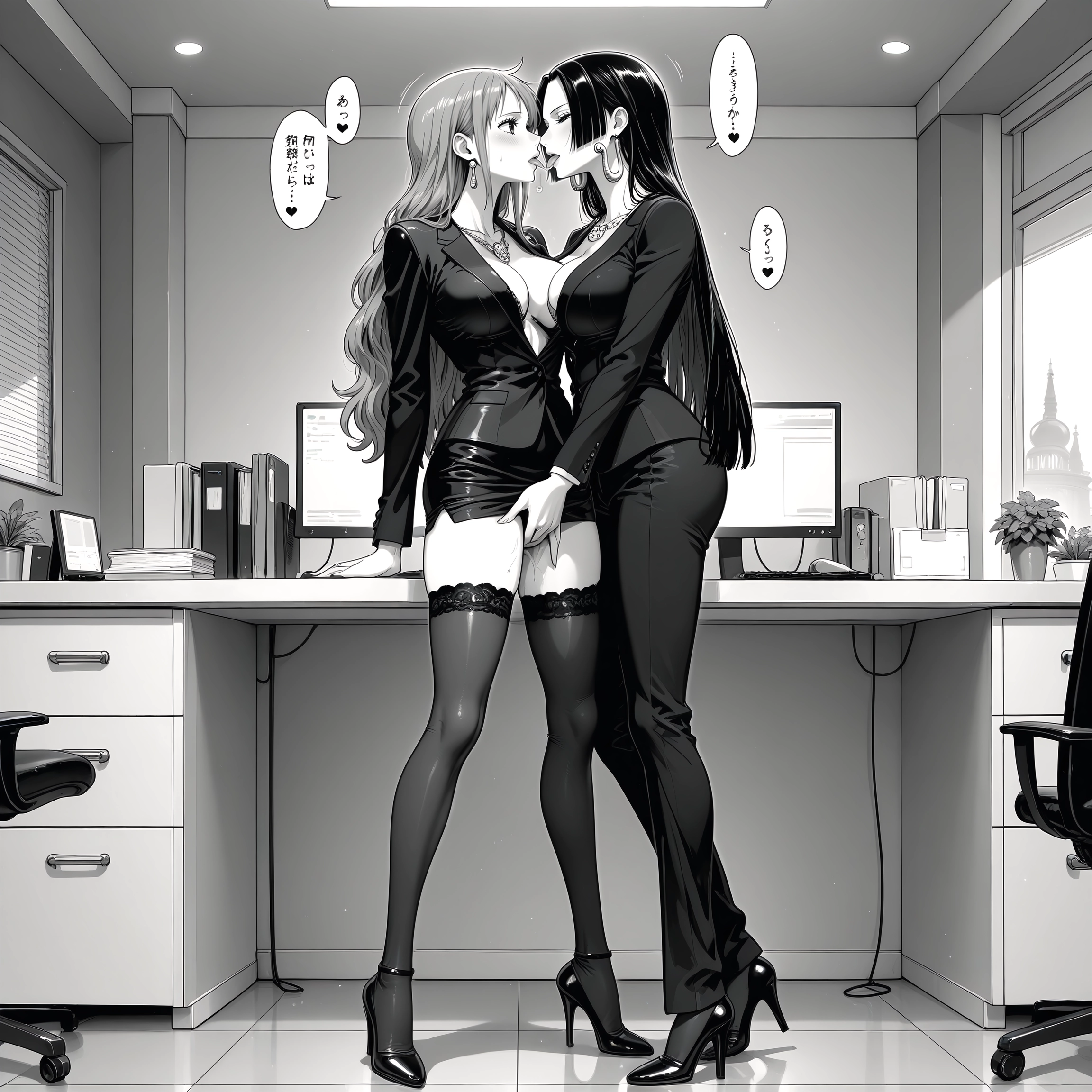multiple girls, monochrome, 2girls, greyscale, yuri, breasts · Yamete.gg