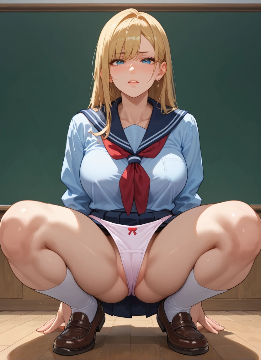 1girl, underwear, panties, school uniform, skirt, blonde hair · Yamete.gg