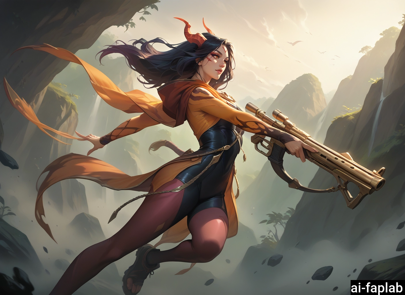 1girl, weapon, solo, gun, long hair, black hair