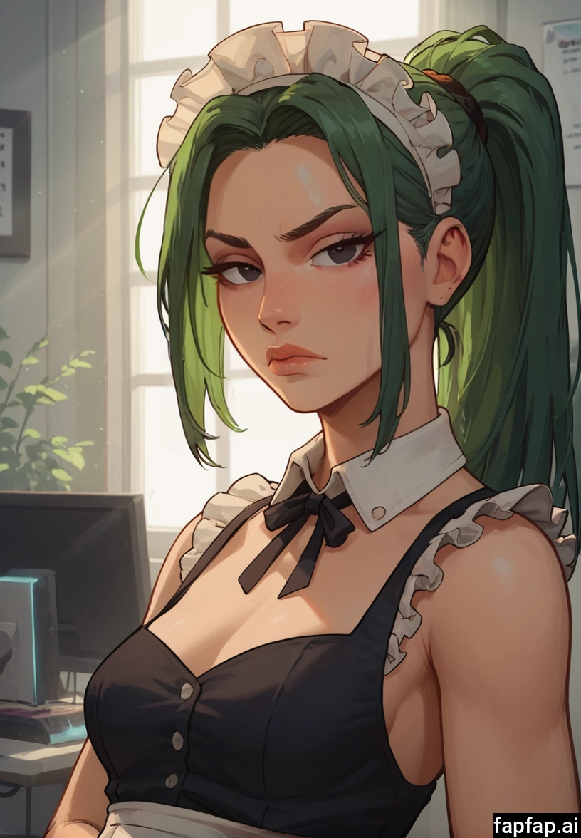 1girl, solo, breasts, green hair, maid, ponytail · Yamete.gg