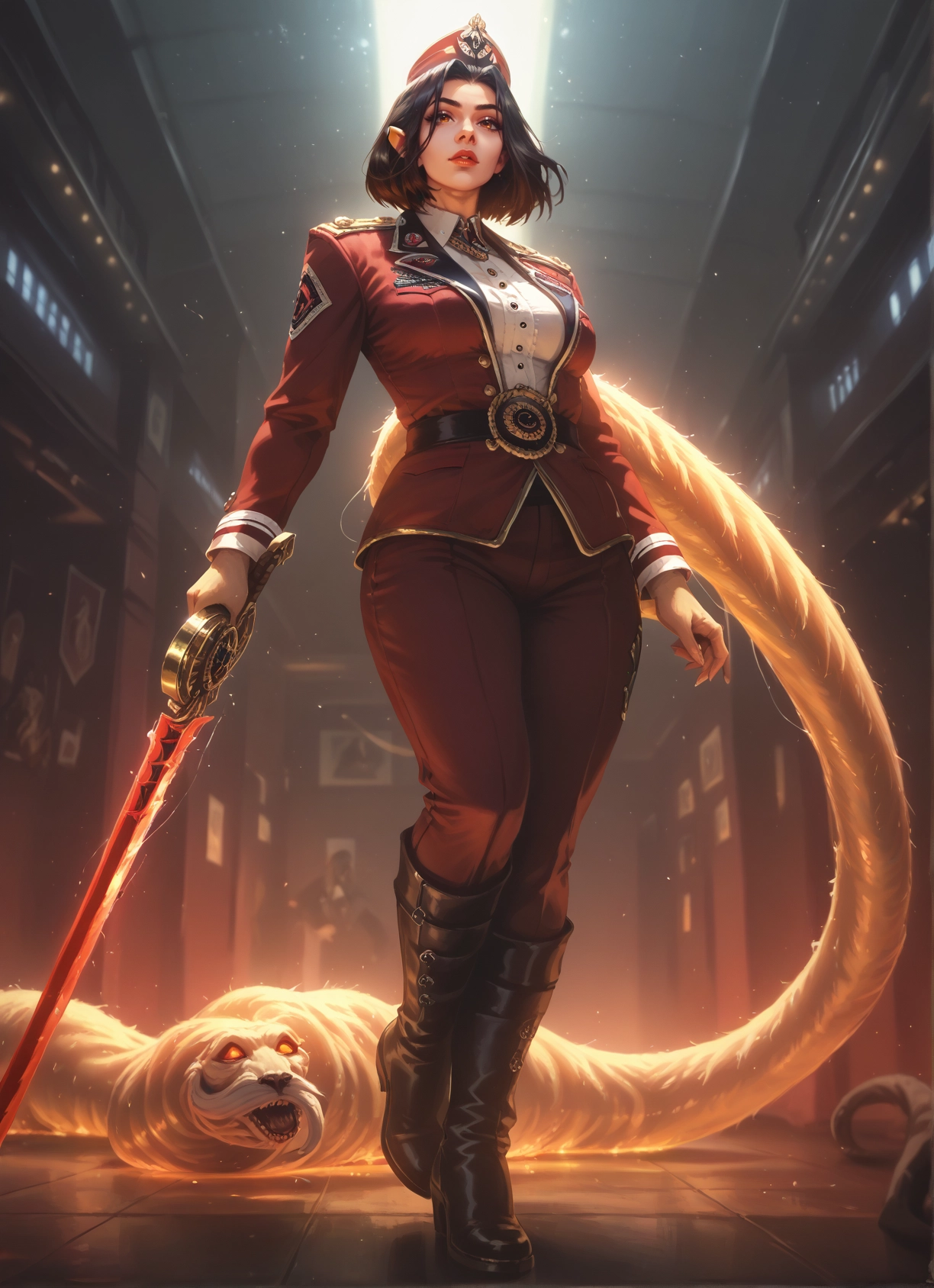 1girl, weapon, sword, boots, black hair, hat · Yamete.gg