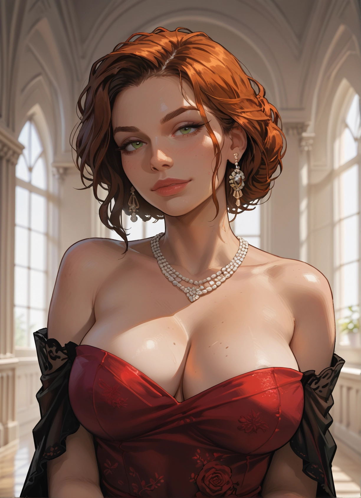 breasts, 1girl, jewelry, earrings, dress, green eyes · Yamete.gg