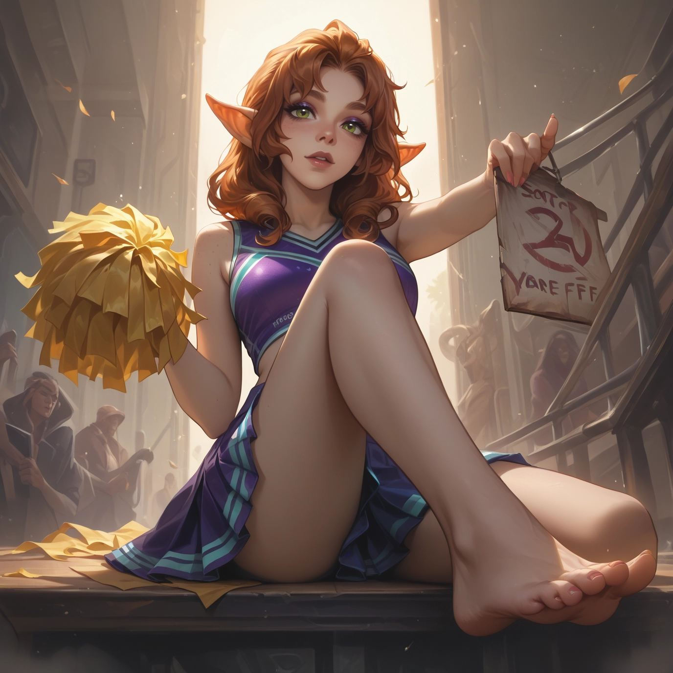 barefoot, pointy ears, cheerleader, pom pom (cheerleading), green eyes, feet · Yamete.gg