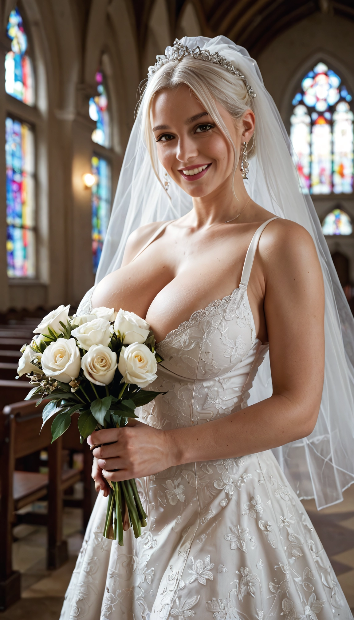 1girl, breasts, dress, flower, wedding dress, jewelry · Yamete.gg