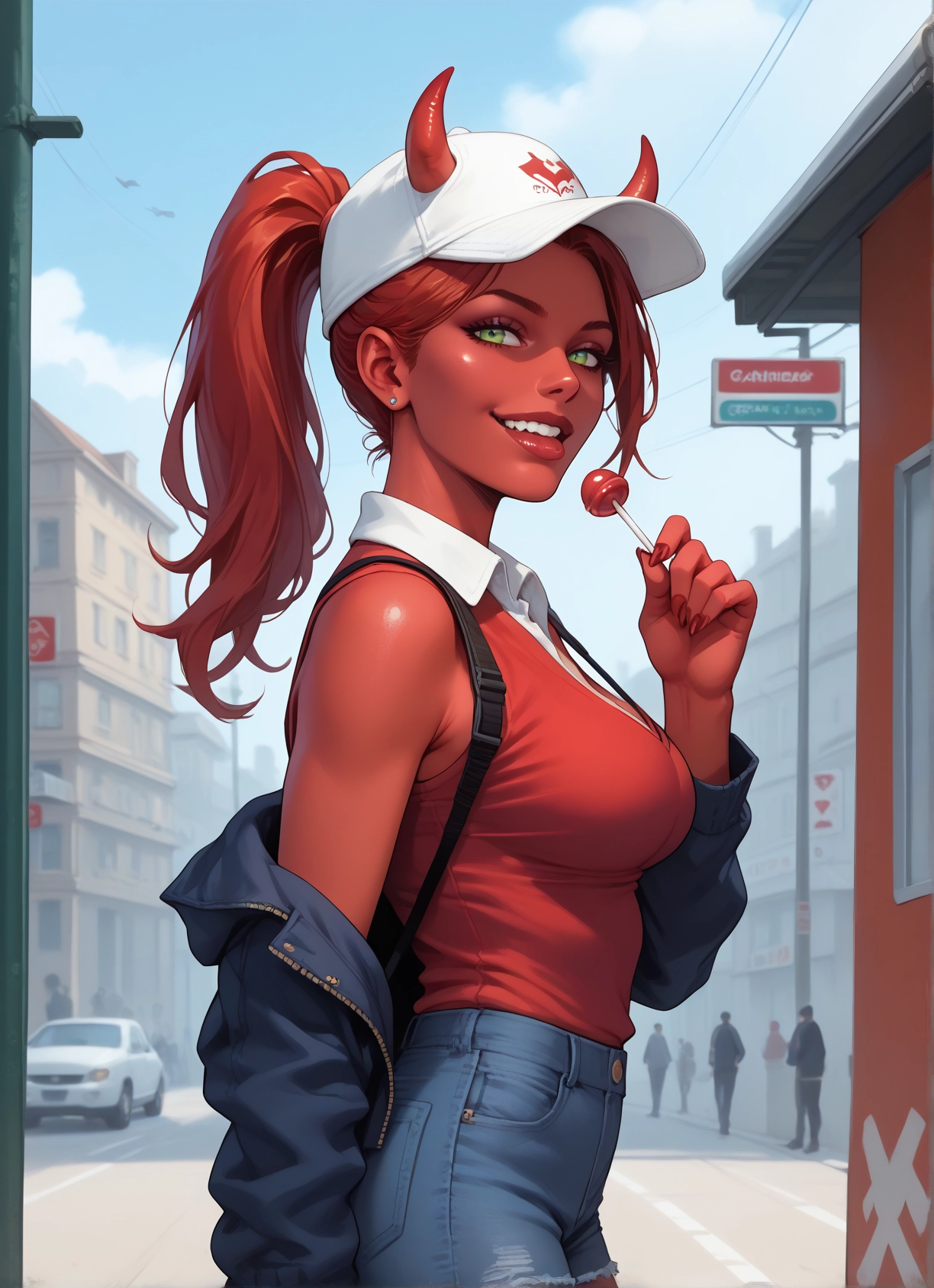food, horns, candy, hat, lollipop, green eyes · Yamete.gg