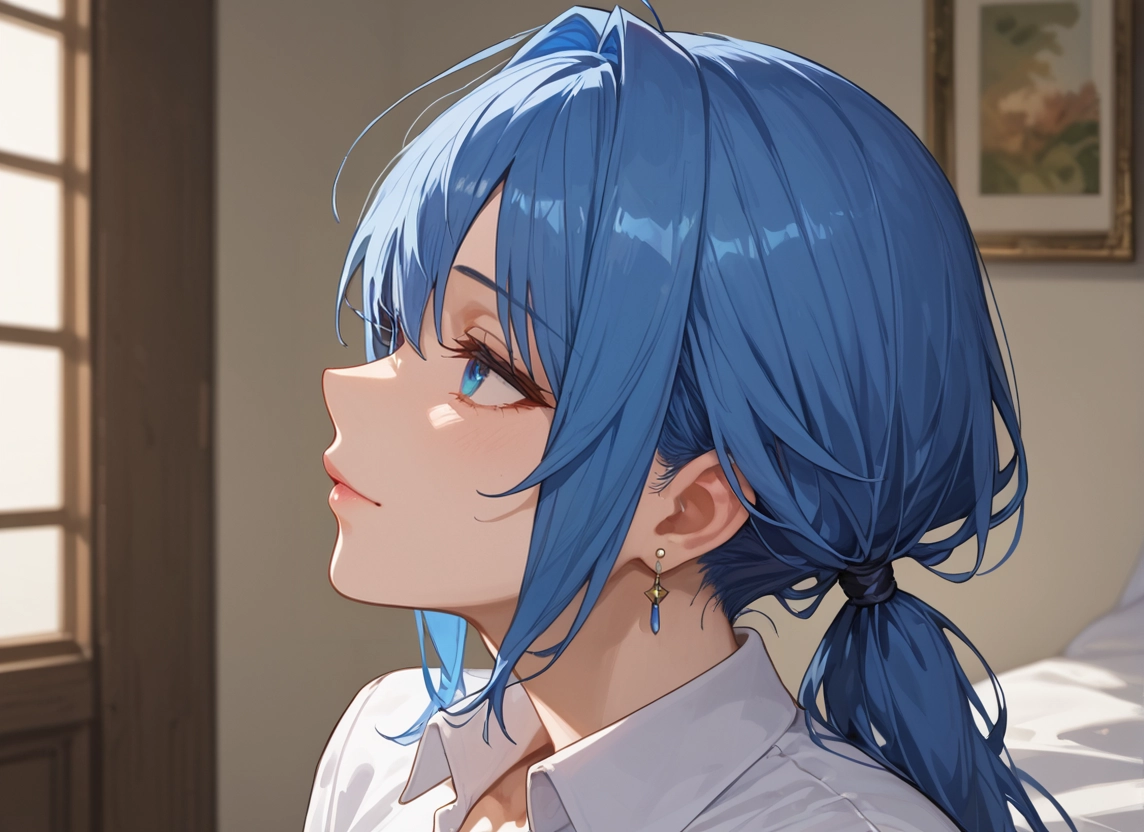 1girl, blue eyes, solo, jewelry, earrings, shirt · Yamete.gg