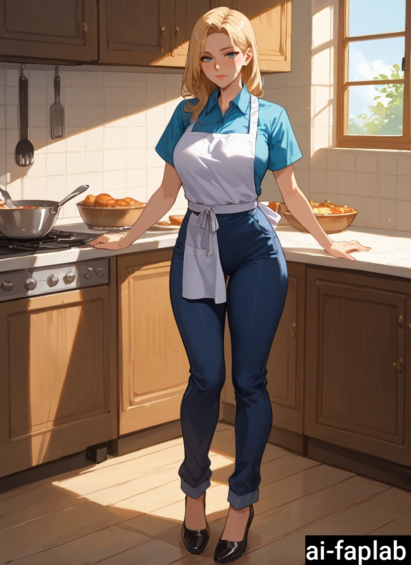 1girl, blonde hair, kitchen, shirt, pants, solo