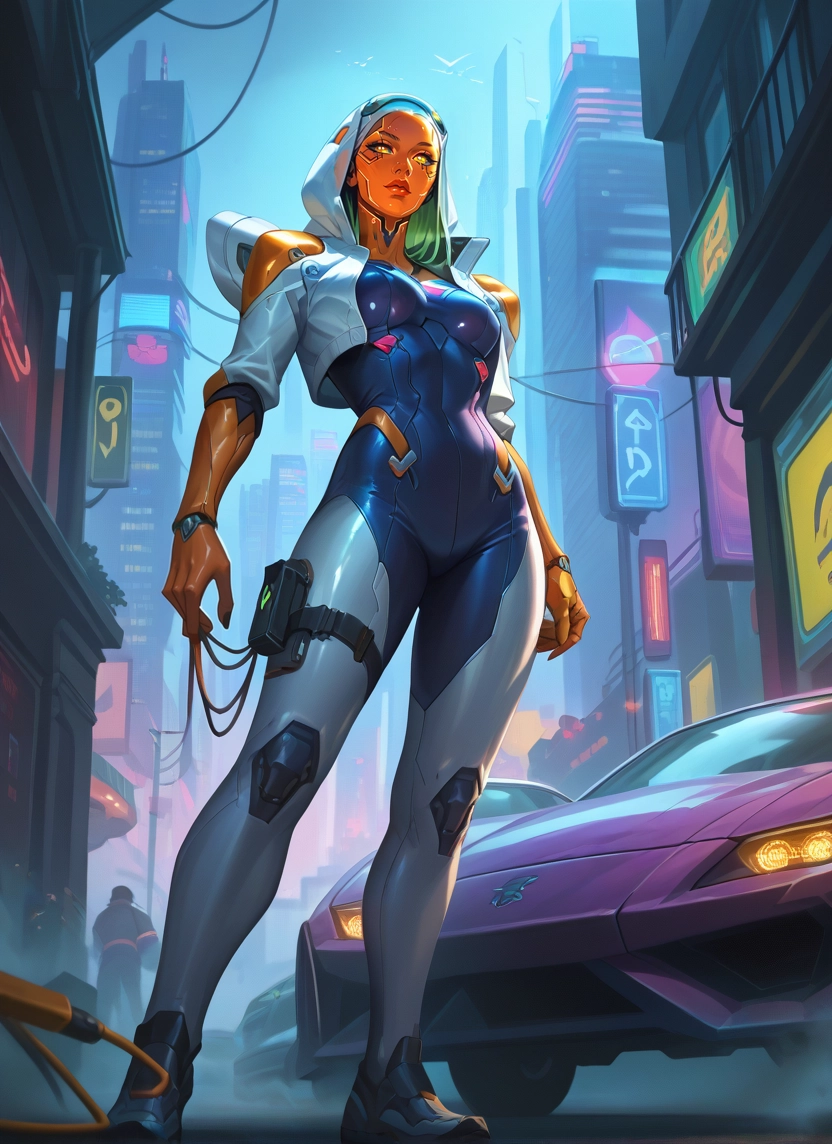 1girl, cyberpunk, hood, car, science fiction, motor vehicle · Yamete.gg