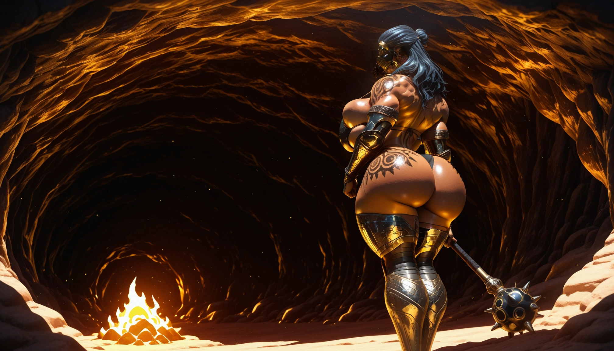 1girl, ass, weapon, breasts, solo, tattoo · Yamete.gg