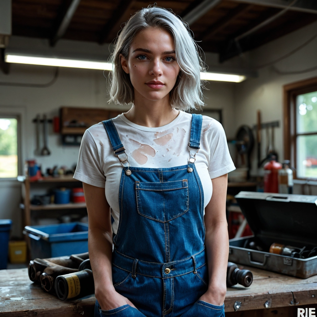 1girl, solo, blurry background, realistic, blurry, overalls · Yamete.gg